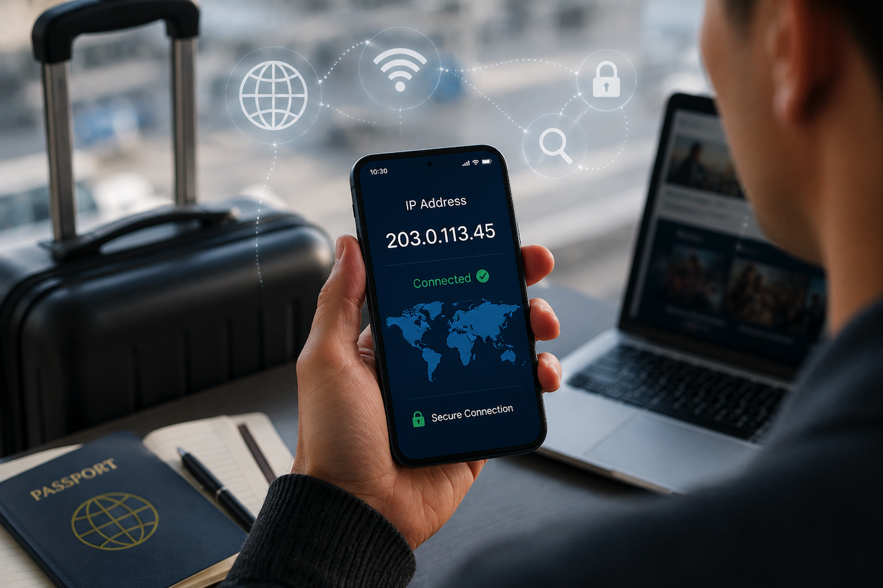 Traveler checking IP address on smartphone