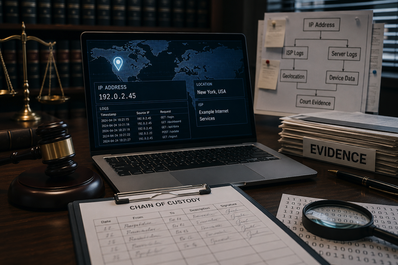 Digital forensic investigation workspace with IP tracking and legal evidence