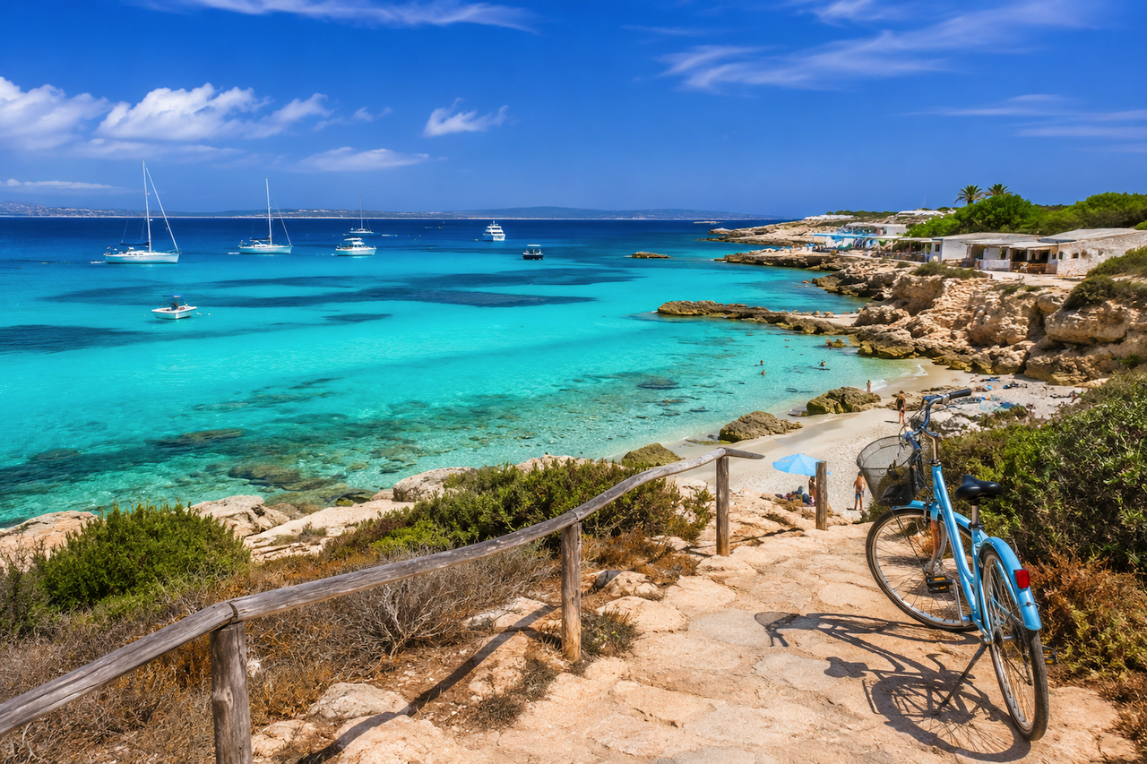 Mediterranean island coastline with turquoise water and scenic beach path