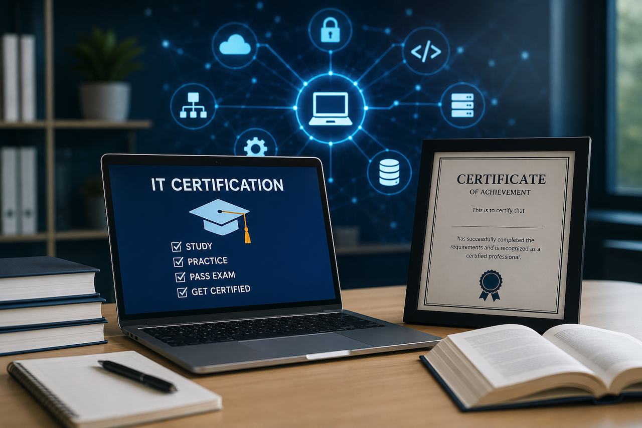 IT certification study setup with laptop, certificate, and technology icons