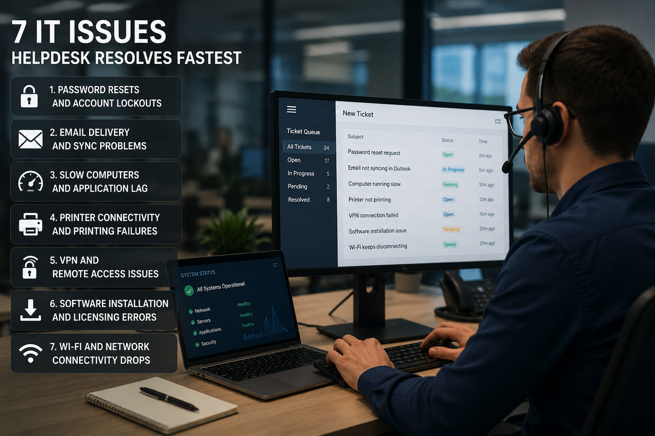 IT helpdesk technician resolving common IT issues