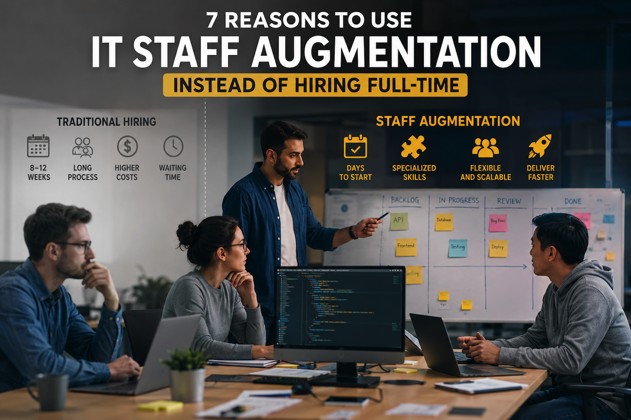Tech team collaborating on staff augmentation and hiring strategy planning in a modern office environment