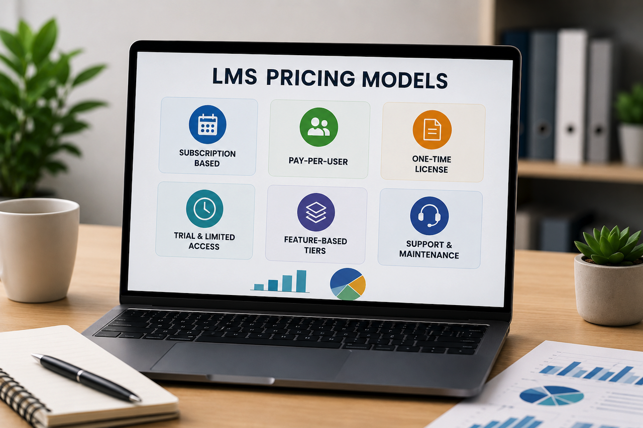 LMS pricing models on laptop screen
