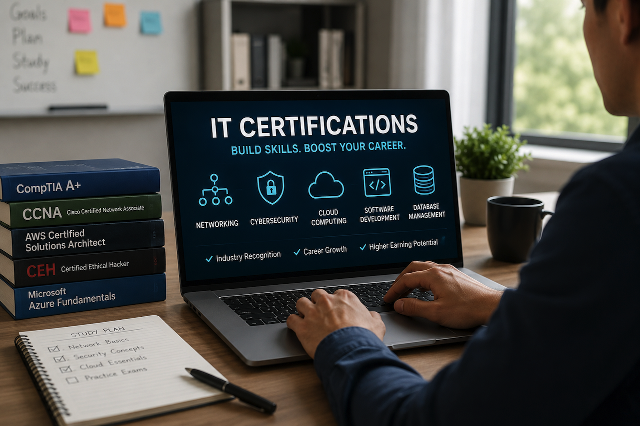 IT certifications study workspace with laptop, certification books, and career planning notes
