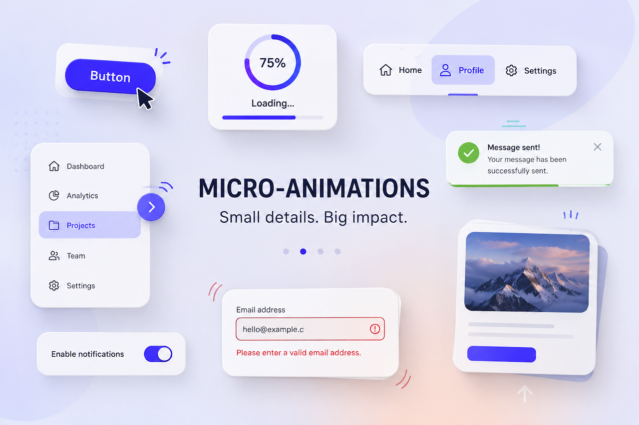 UI design examples showing micro-animations