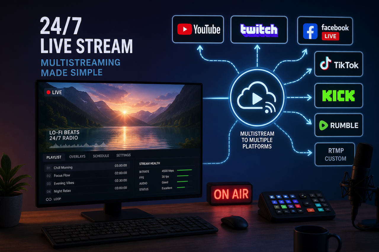 24/7 multistreaming setup with cloud streaming dashboard and multiple platforms