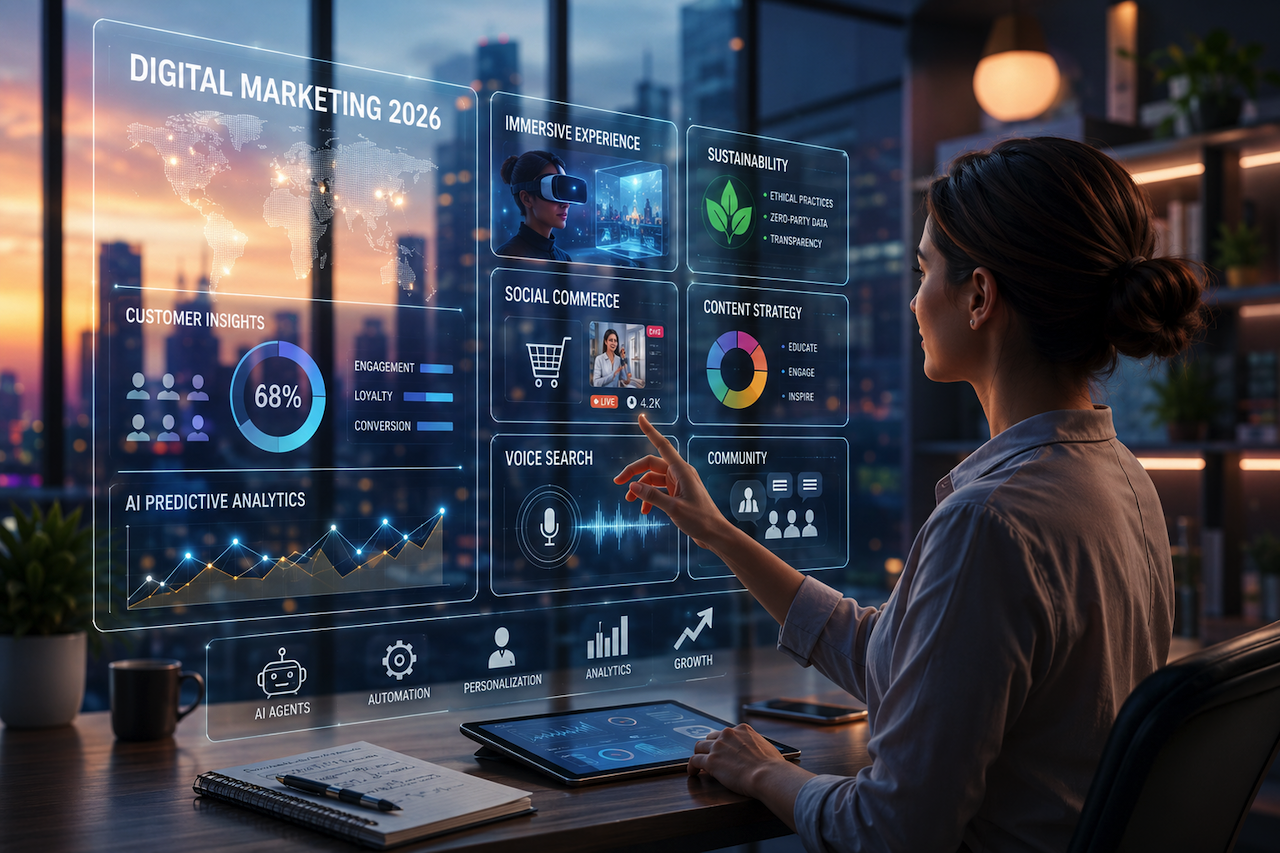 Futuristic digital marketing analytics dashboard in 2026