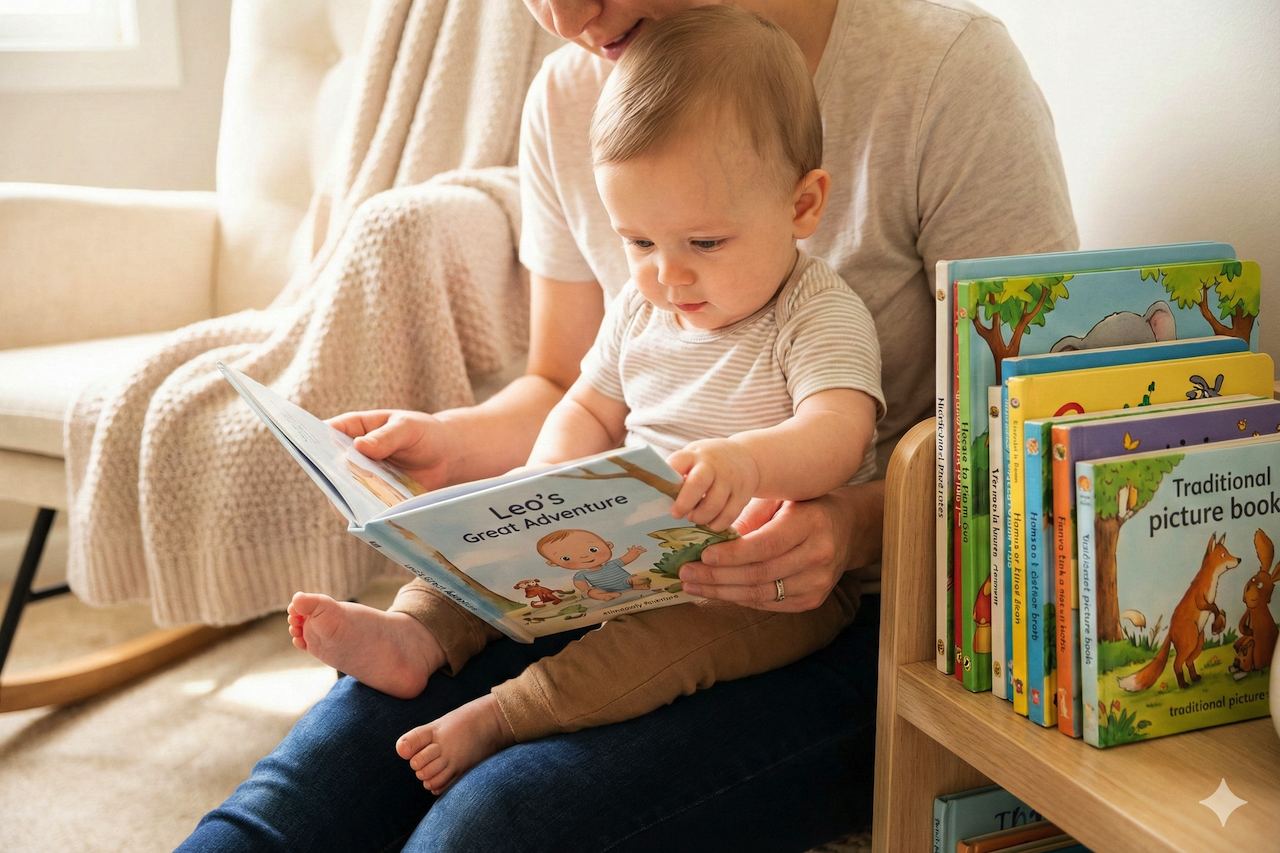 Child and mom reading personalized baby book