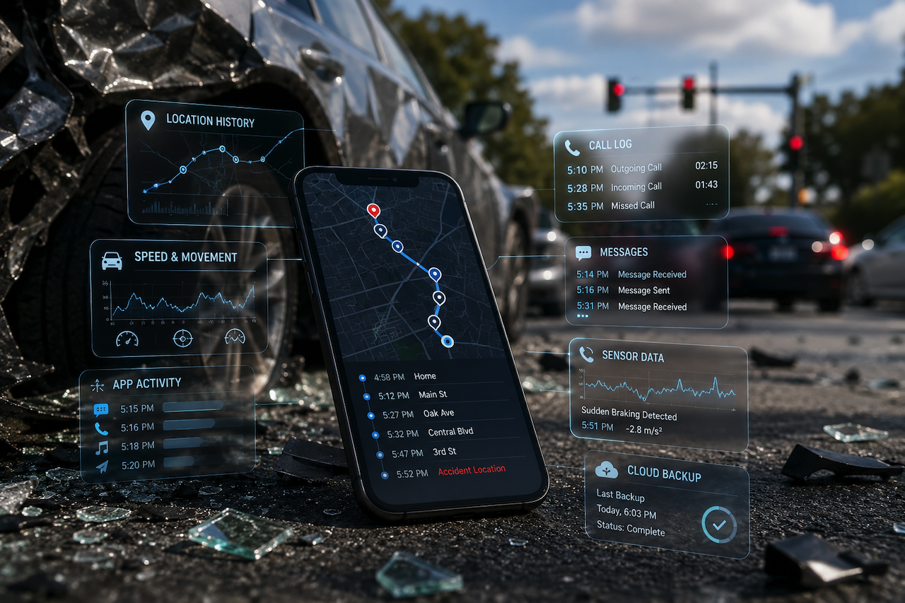 Smartphone displaying GPS and digital evidence data