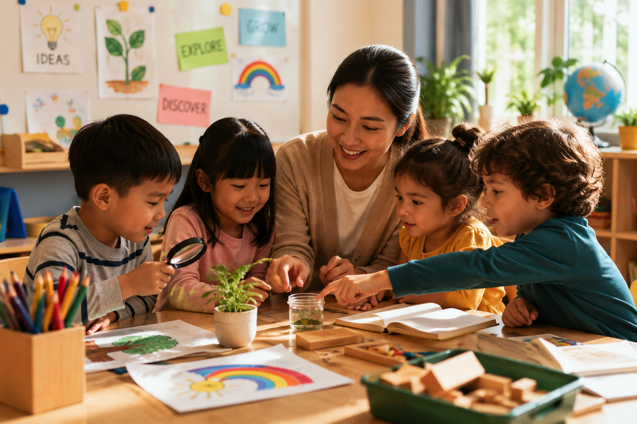 Children engaged in play-based learning activity in kindergarten classroom