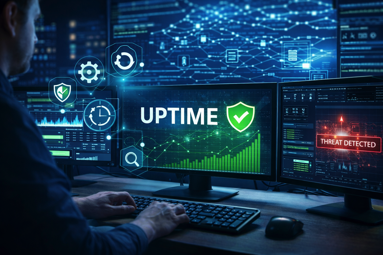 IT professional monitoring uptime and network security dashboards