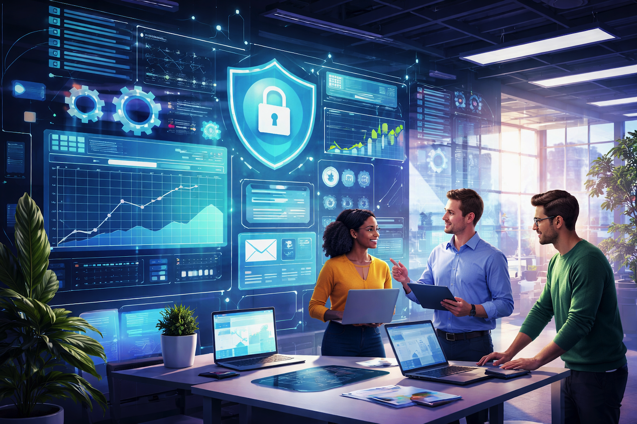 Modern IT team monitoring systems and cybersecurity dashboard