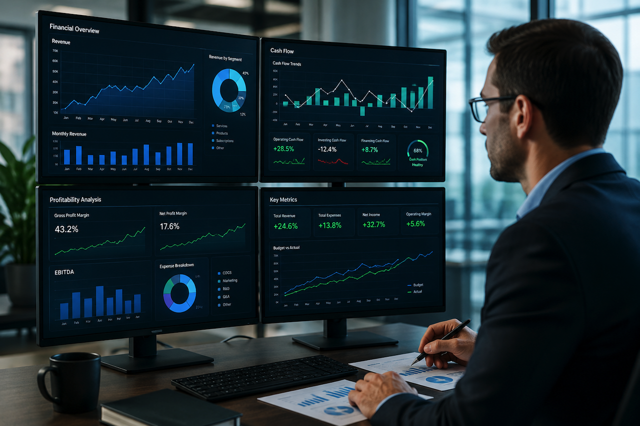 Business professional reviewing real-time financial dashboards