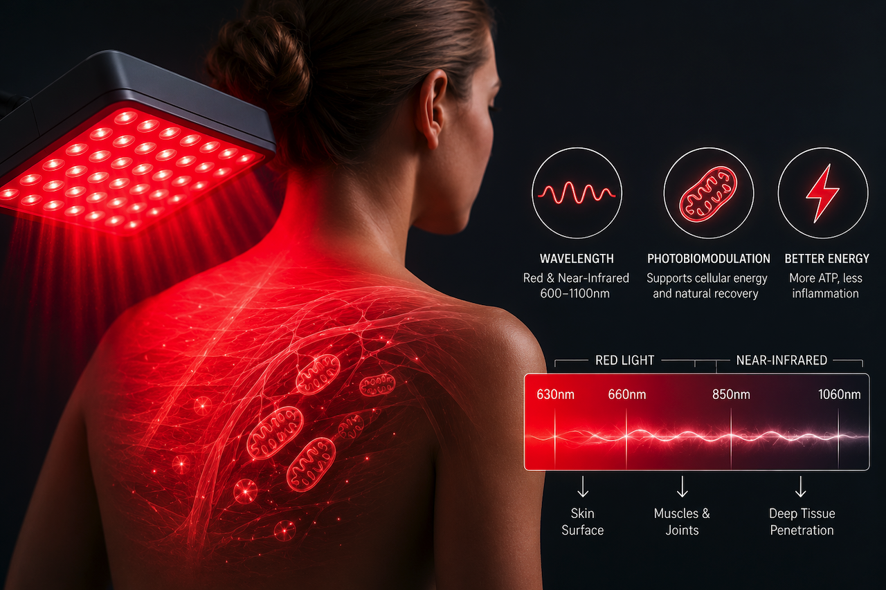 Red light therapy device targeting shoulder and muscle tissue
