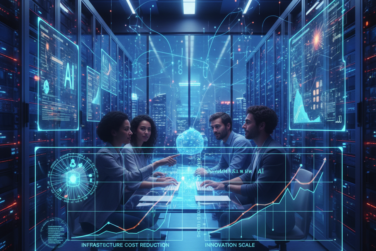 AI team collaborating in a data center