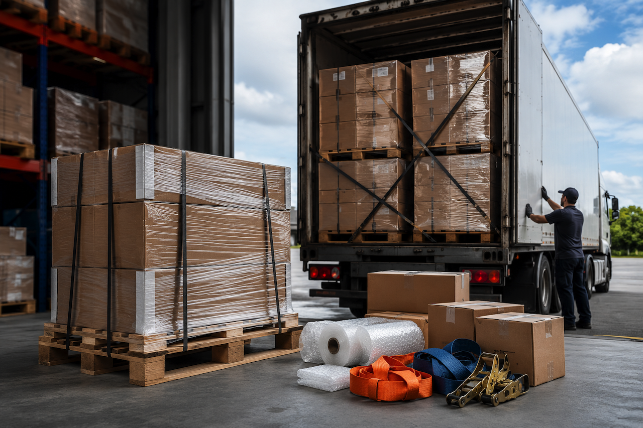 Palletized freight secured for truck transport