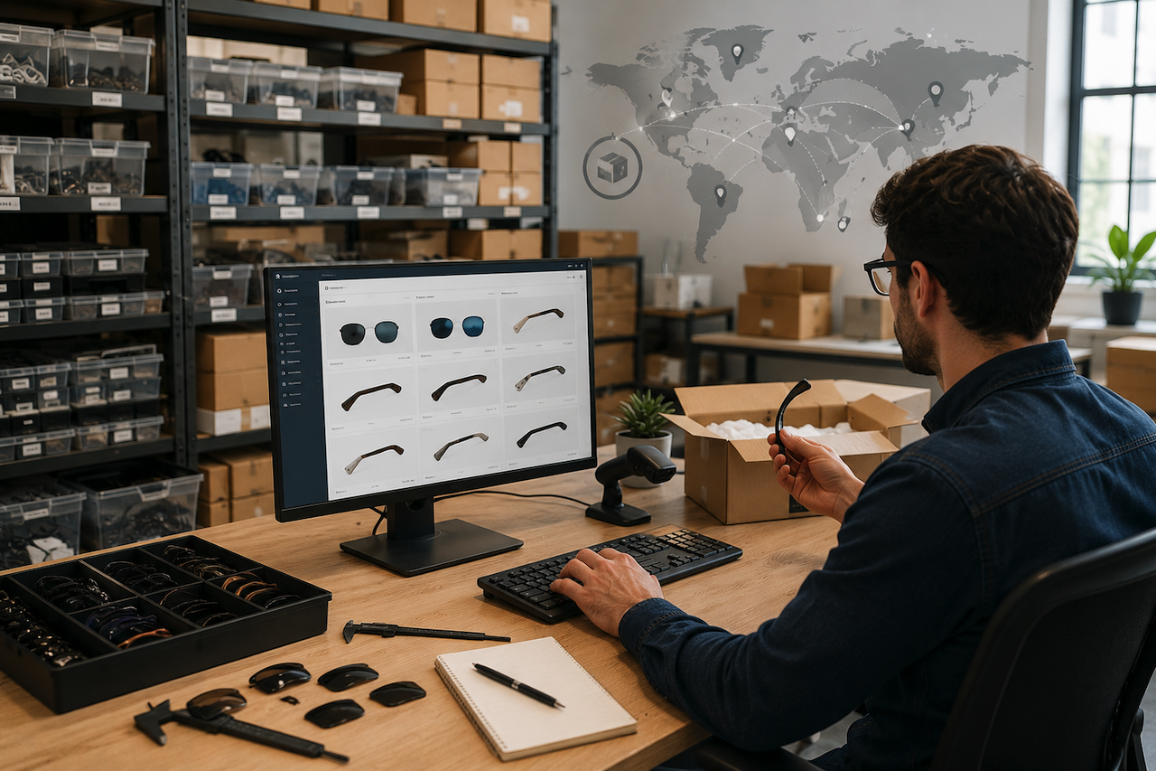 E-commerce workspace managing eyewear replacement parts inventory