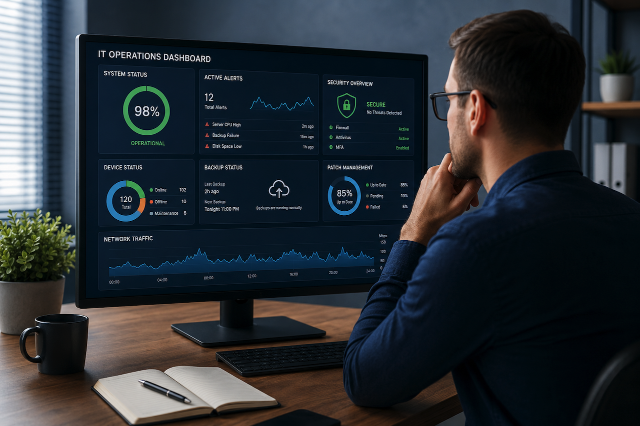 IT professional monitoring business systems and cybersecurity dashboard