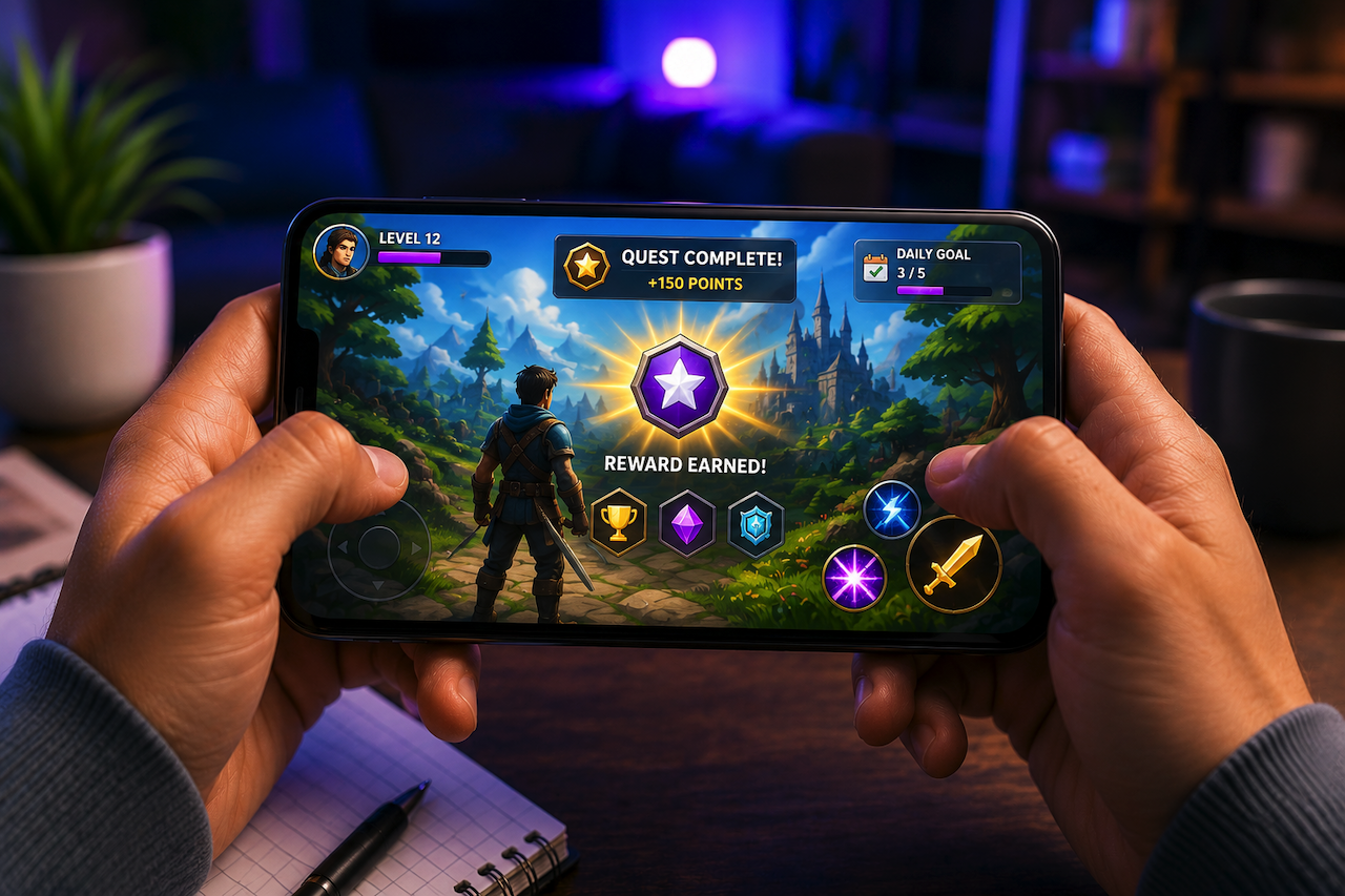 Person playing a fantasy-style mobile game with achievement