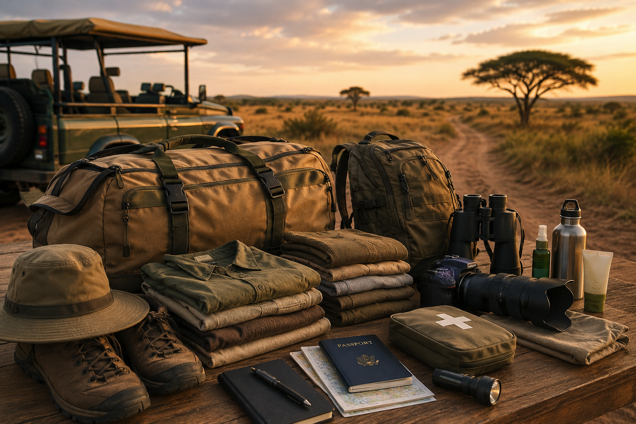 Safari packing essentials with travel gear, camera, binoculars, and clothing beside a safari vehicle