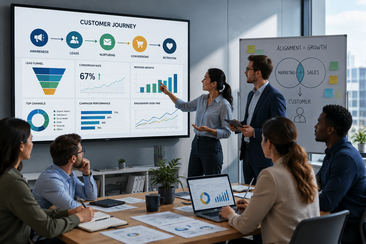 Sales and marketing teams reviewing growth metrics