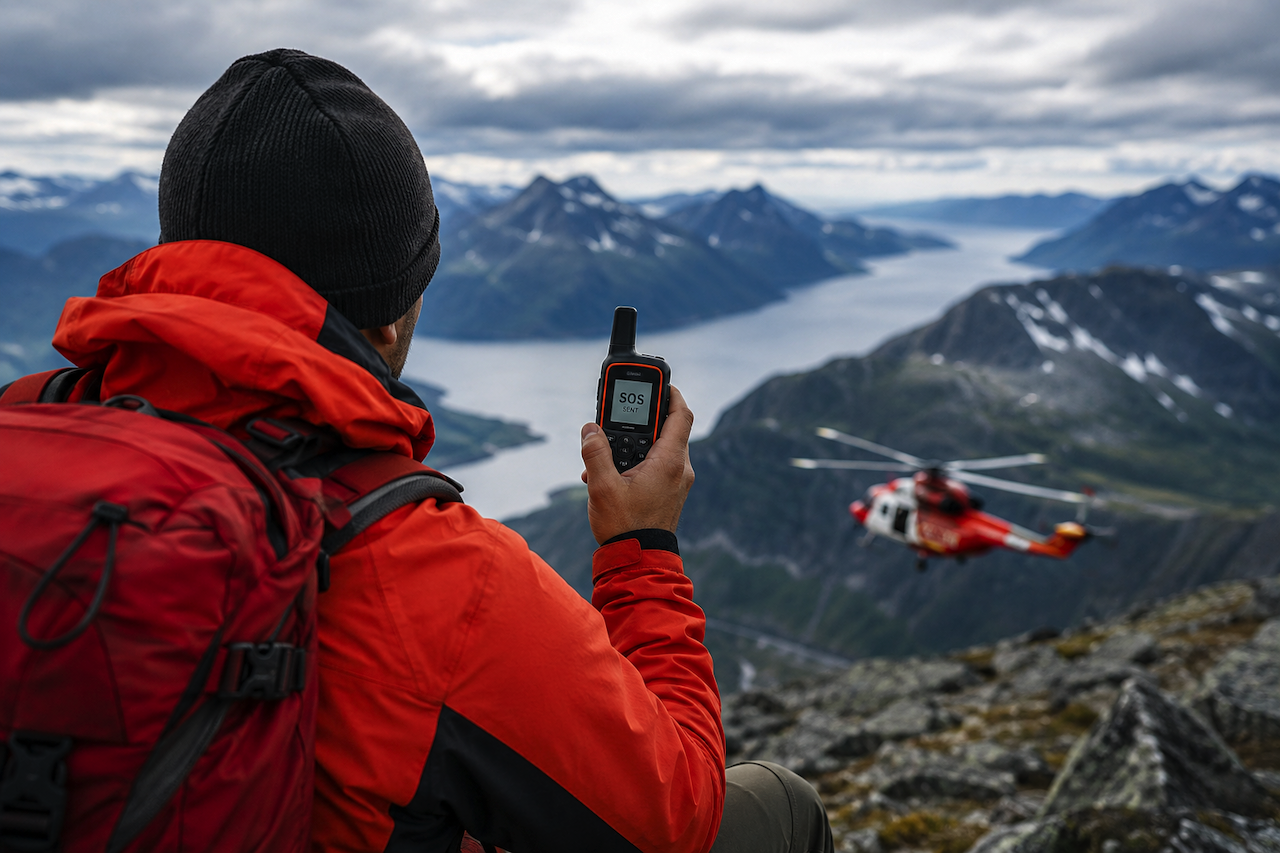Hiker using satellite communicator during mountain rescue emergency