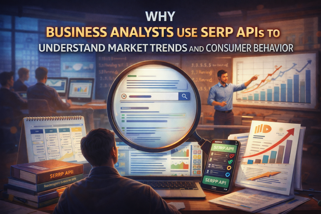 Business analyst analyzing market trends with data dashboards and magnifying glass in modern office