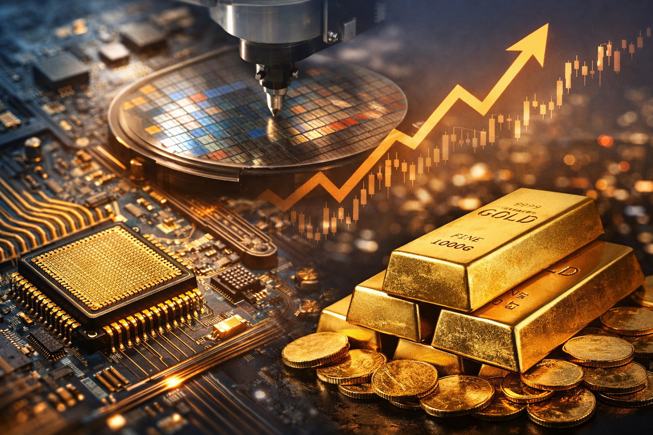 Semiconductor chip and gold bars representing tech-driven gold demand