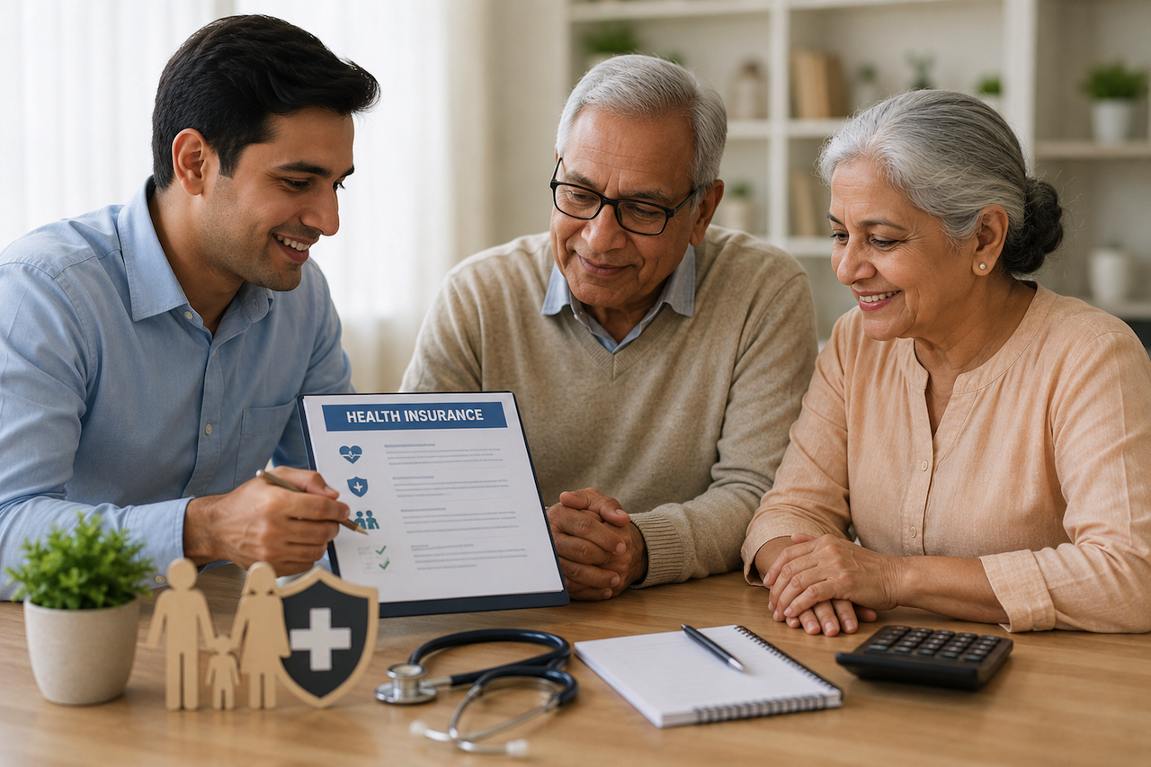 Senior couple reviewing health insurance options with advisor