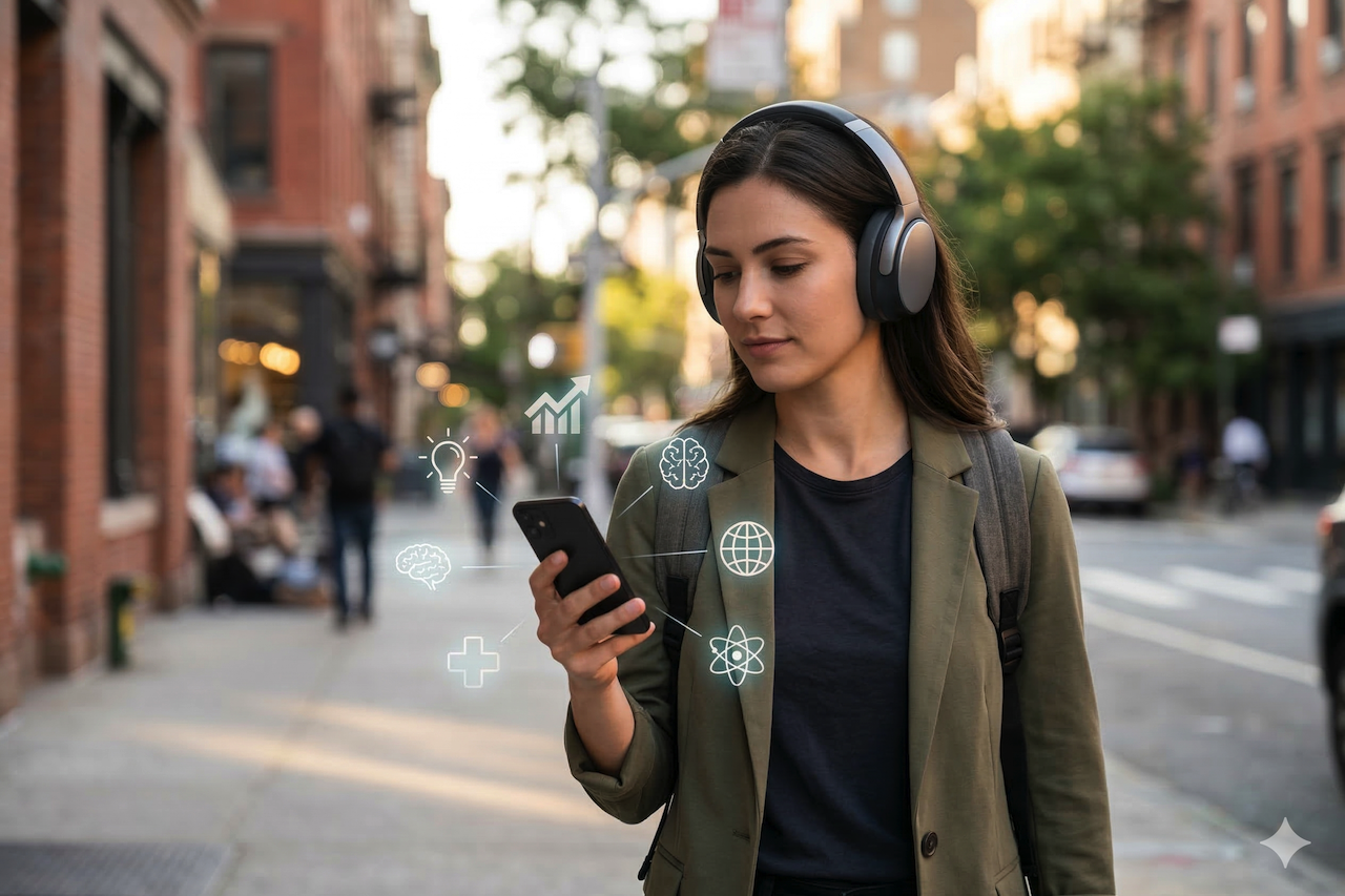 Woman views learning app icons