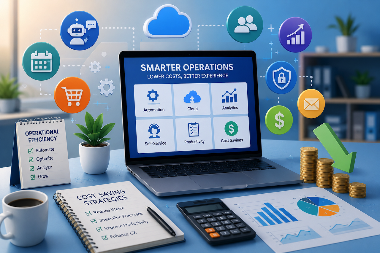 Business dashboard showing automation, analytics, and operational cost optimization tools
