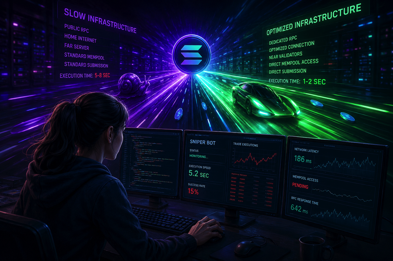 Woman monitoring Solana sniper bot infrastructure