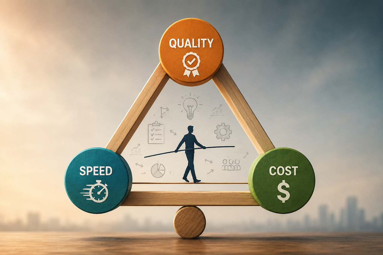 Creative project triangle balancing speed, quality, and cost