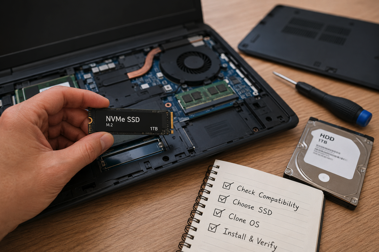 Laptop SSD upgrade process with NVMe drive, tools, and installation checklist