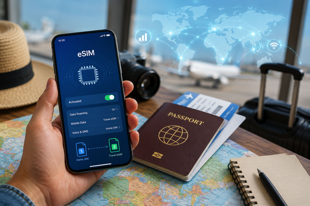 Smartphone displaying an eSIM travel plan