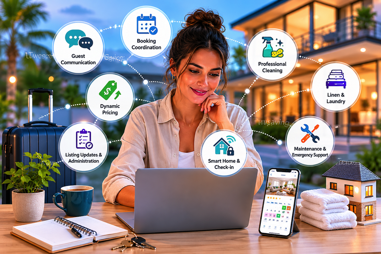 Rental property owner outsourcing management tasks and guest services