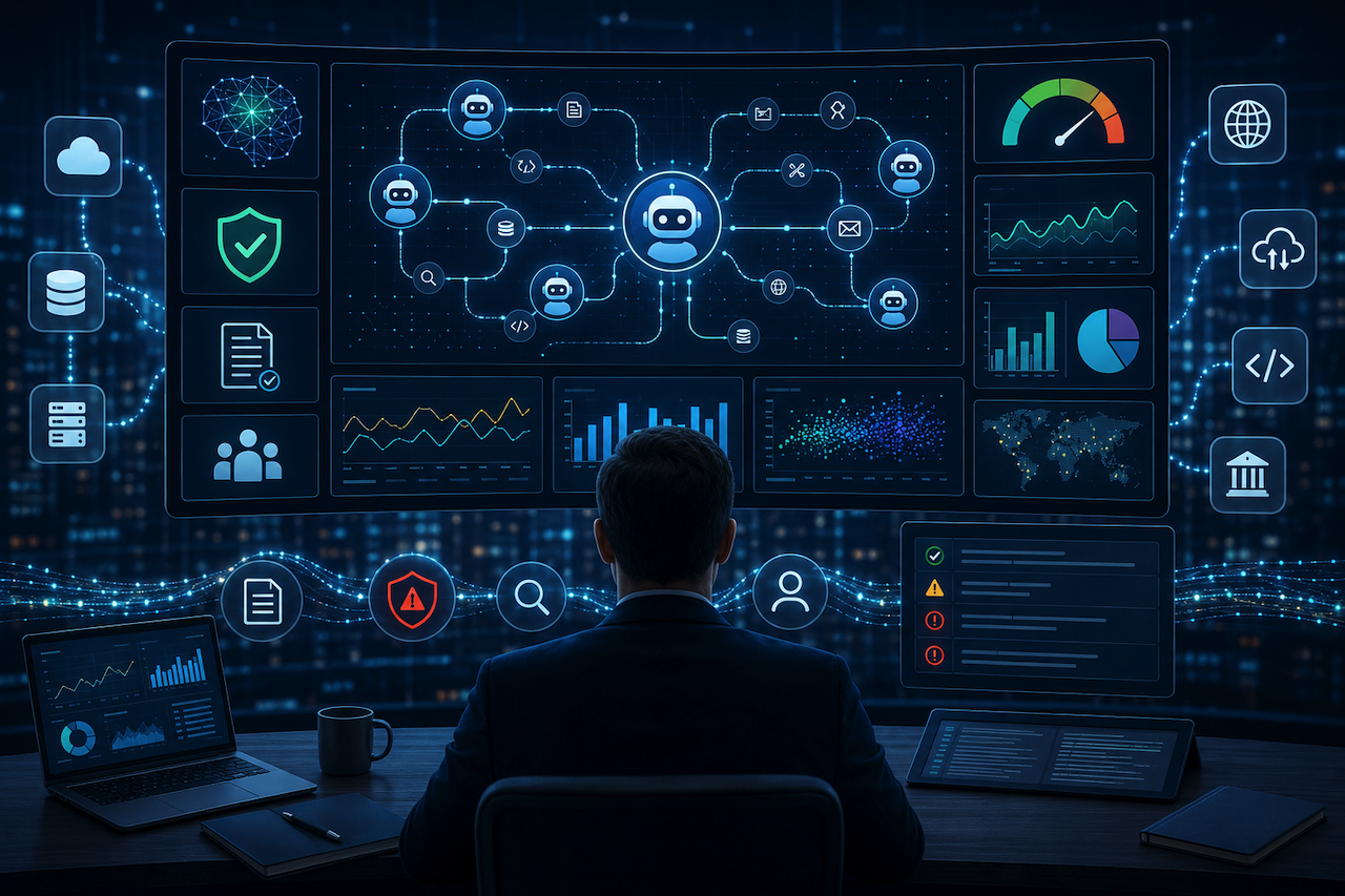 Enterprise dashboard monitoring AI agents, workflows, and real-time system performance