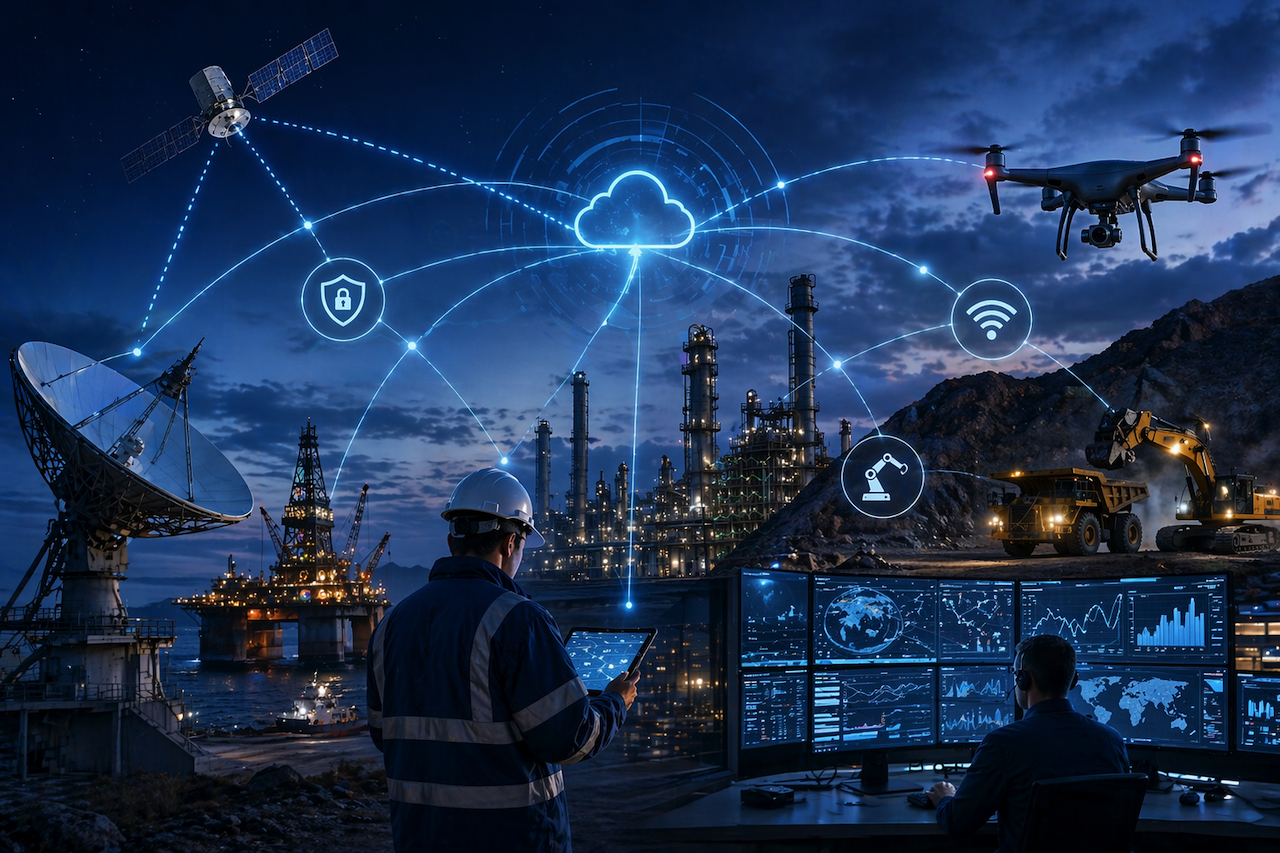 Futuristic industrial network with satellite, drones, and connected infrastructure