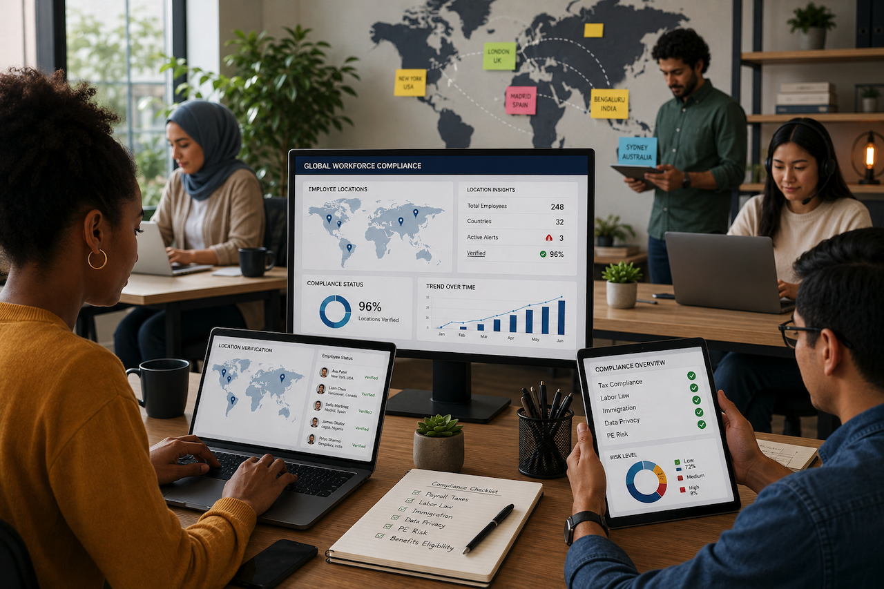 Remote compliance team reviewing global employee work locations