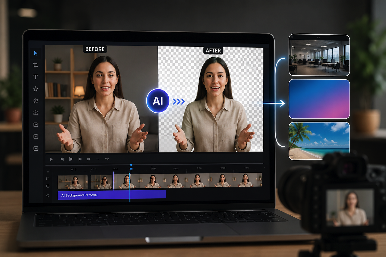 AI video background remover editing interface on a laptop