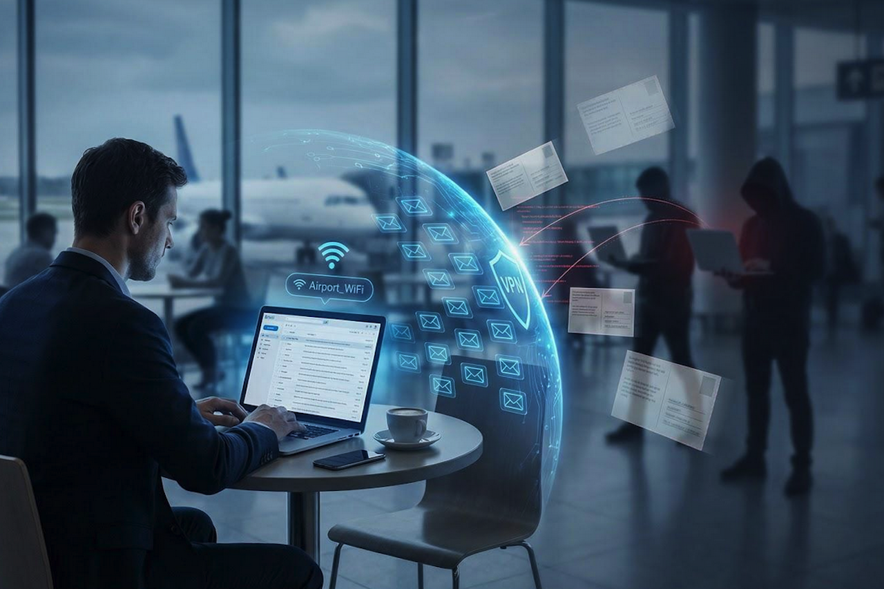 VPN securing email on public Wi-Fi at airport