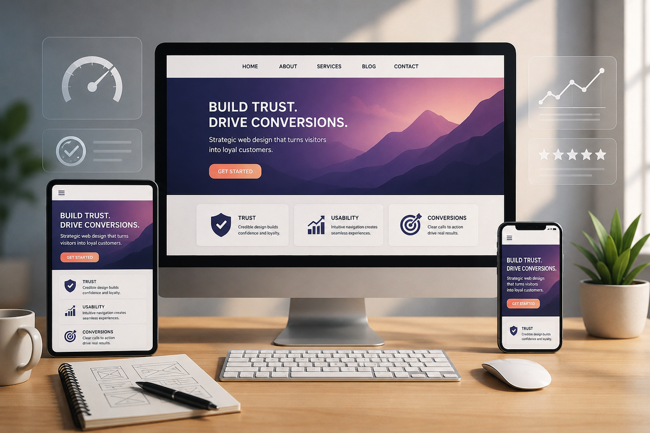 Responsive web design workspace with desktop, tablet, and mobile layouts