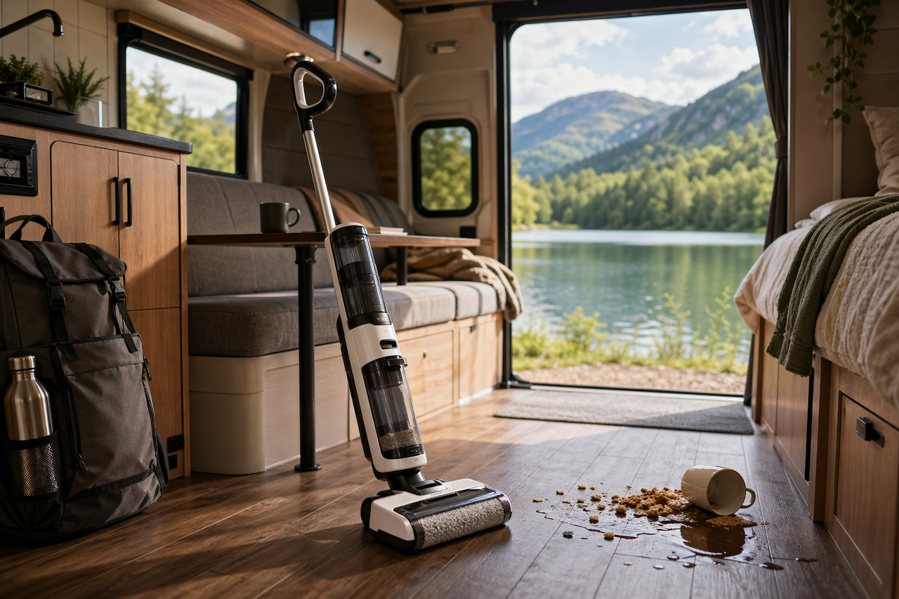 Wet dry vacuum cleaning spill inside camper van