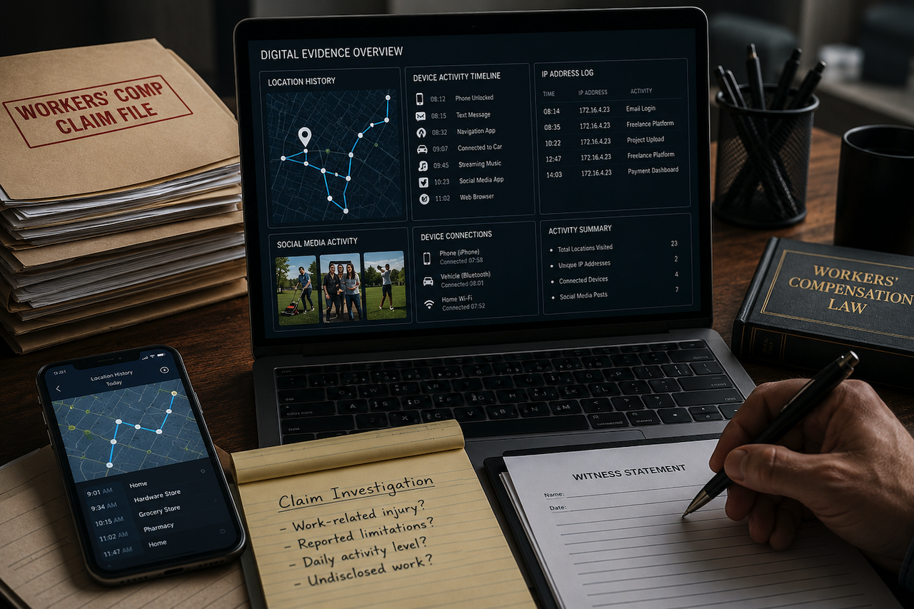 Digital evidence and online activity analysis in a workers’ compensation claim investigation