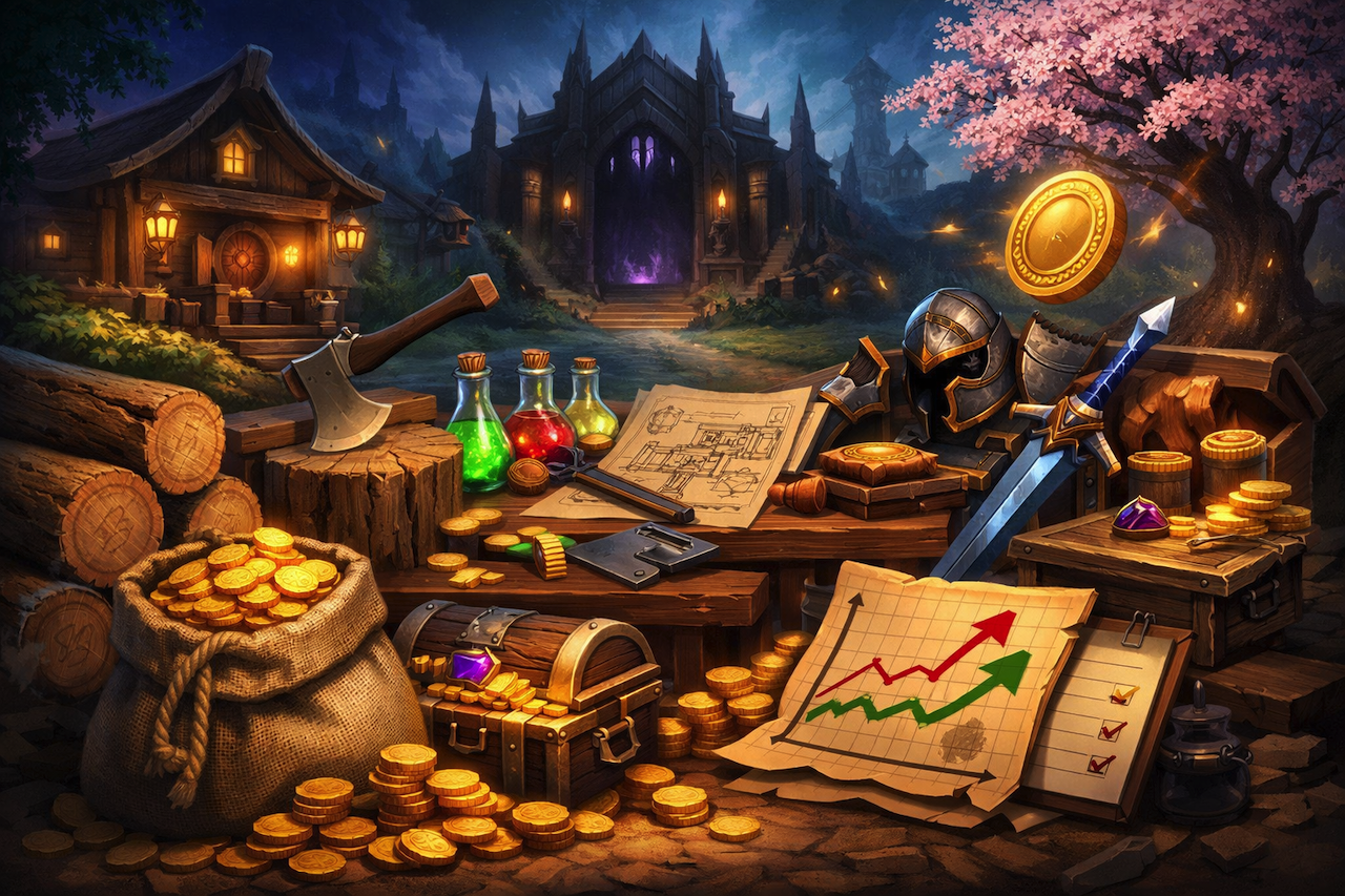 Game economy with gold, crafting tools, and charts