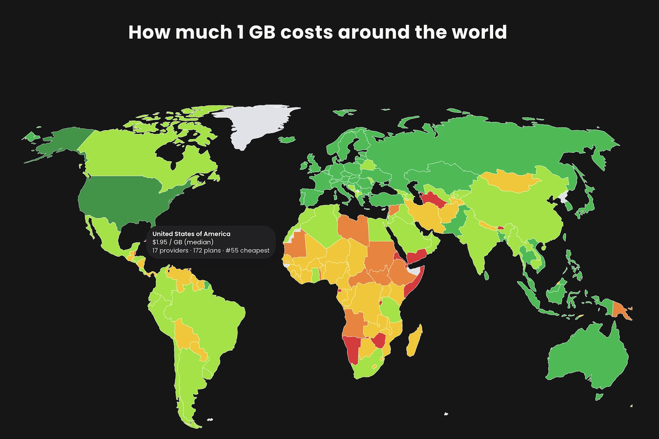 How much 1 GB costs around the world