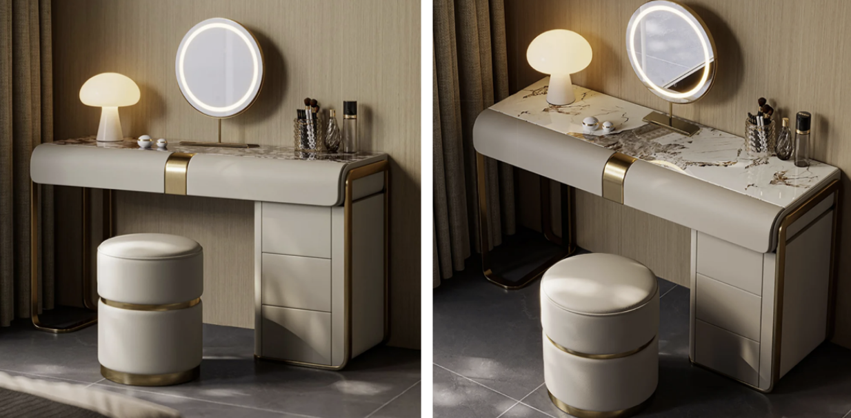 Bedroom makeup vanity with mirror and lighting