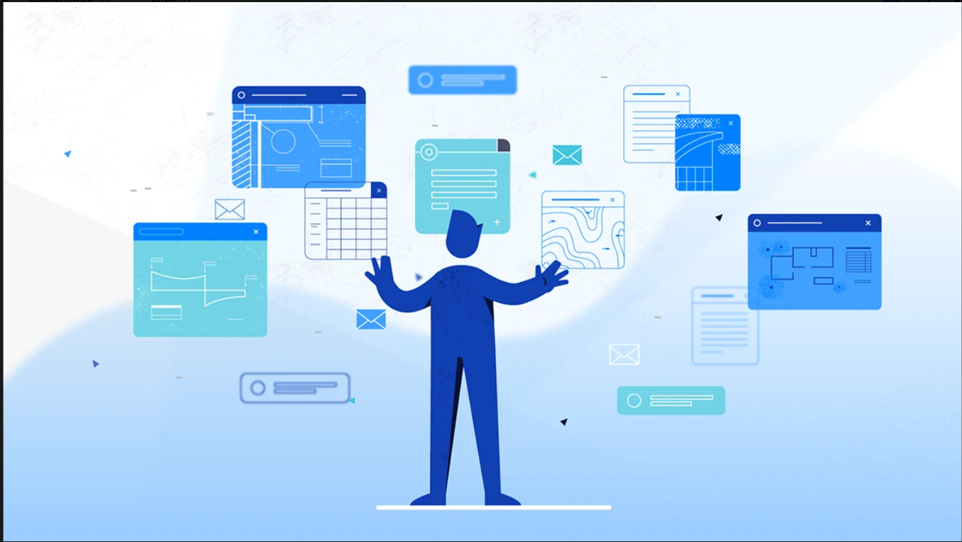 Illustration of a person surrounded by multiple floating digital documents and interface windows