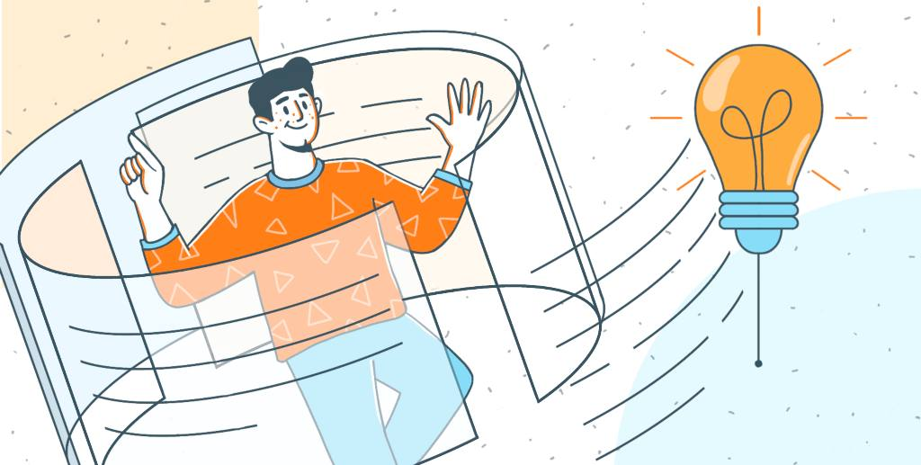Illustration of a person partially surrounded by abstract document shapes with a lightbulb icon representing idea