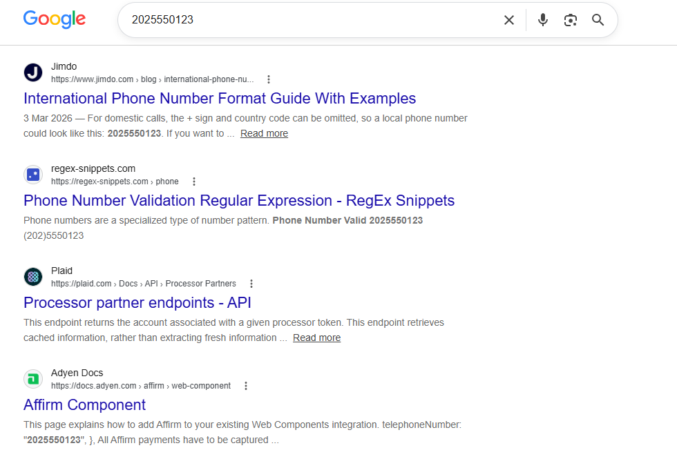 Google search of unknown number
